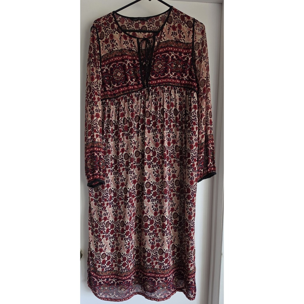Zara Woman Floral Maxi Dress S Red Black Cream Long Sleeve Round Neck Boho